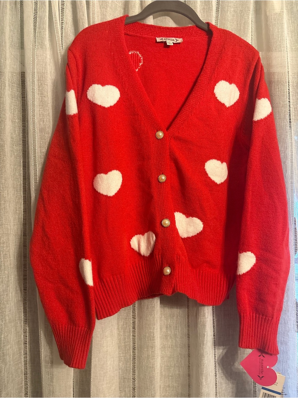 Nanette Lepore Red Cardigan with White Heart Motif